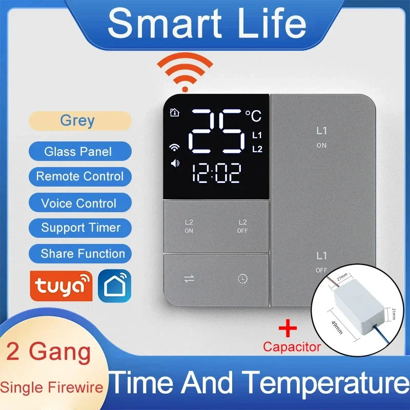 Tuya Smart Wifi Switch &ndash; Temp Time Display 100-250V 1G2G3G Grey LiveWire 2Gang