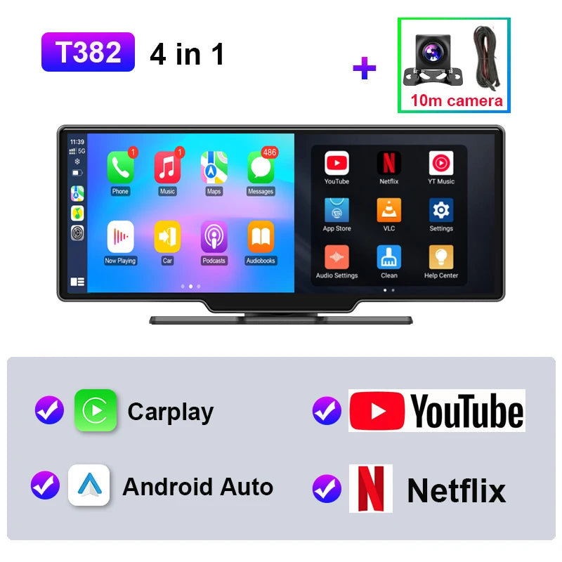 JMCQ Universal 10.26 Inch Android WIFI Car Multimedia Player &ndash; Wireless Carplay and Bluetooth Connectivity T382 rear 10m