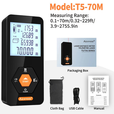 Aicevoos Rechargeable Digital Laser Rangefinder - Accurate Distance Meter up to 120M T5-70M(230ft)