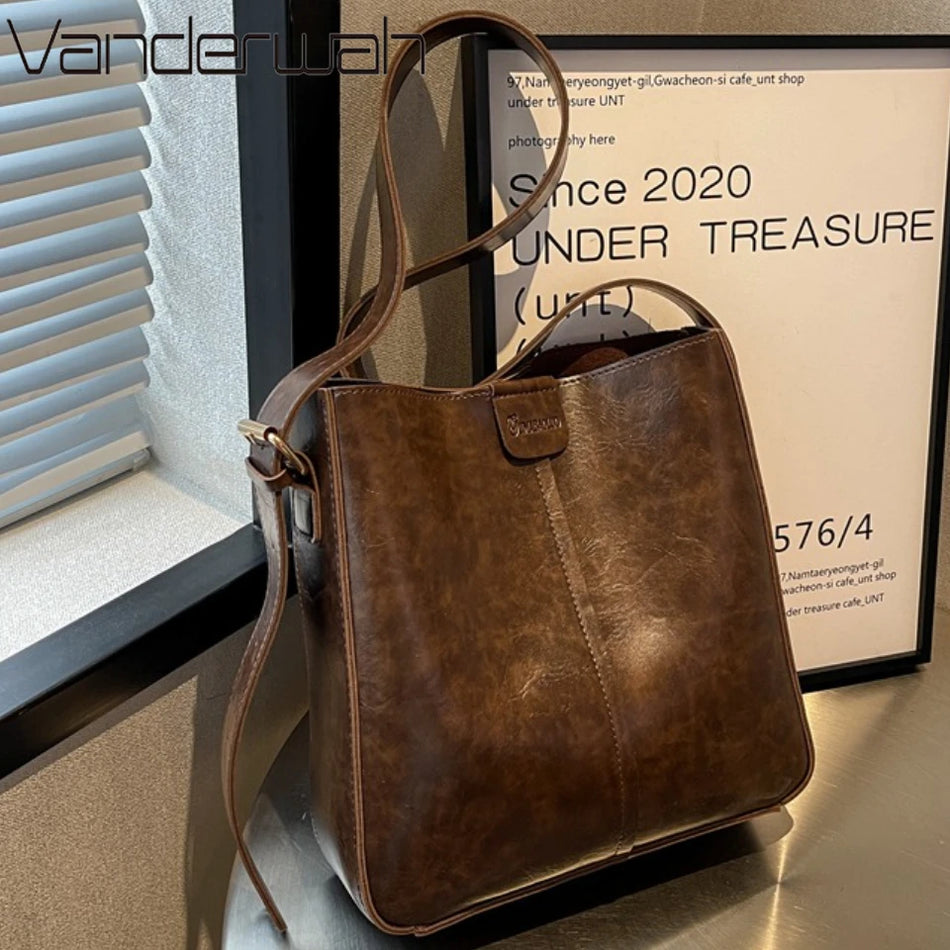 Geantă tote retro din două piese pentru femei cu bretea lată, piele PU uleioasă, crossbody, capacitate mare și portofel mic