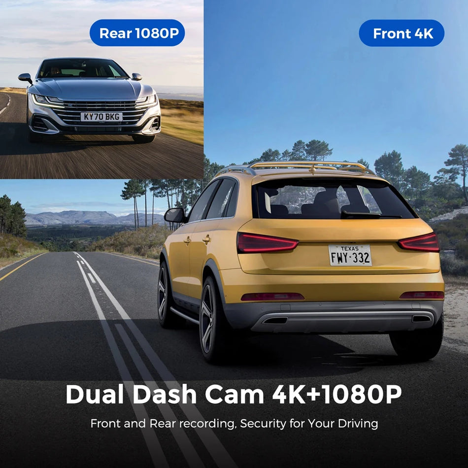 UHD 4K Dash Cam Dual Lens &ndash; Built-In WiFi and GPS for 24-Hour Parking Monitoring