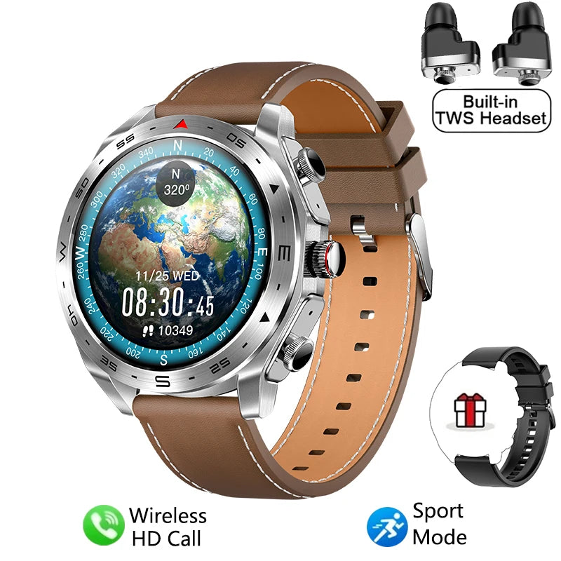 GEJIAN 2024 Smart Watch with TWS 2-in-1 Bluetooth Earphones and HIFI 9D Sound Quality Brown Silver