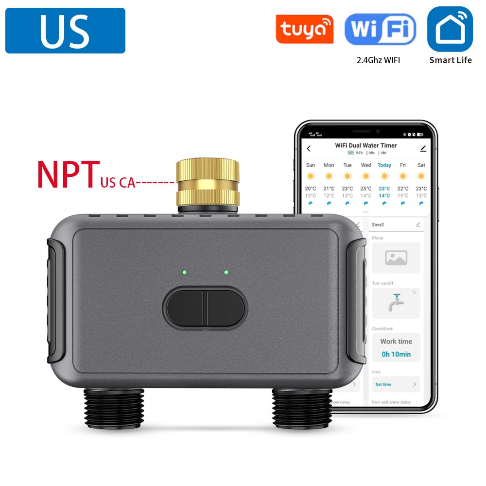 Tuya WiFi Water Timer Automatic Waterer 2 &ndash; Two Outlets US NPT Thread / CHINA