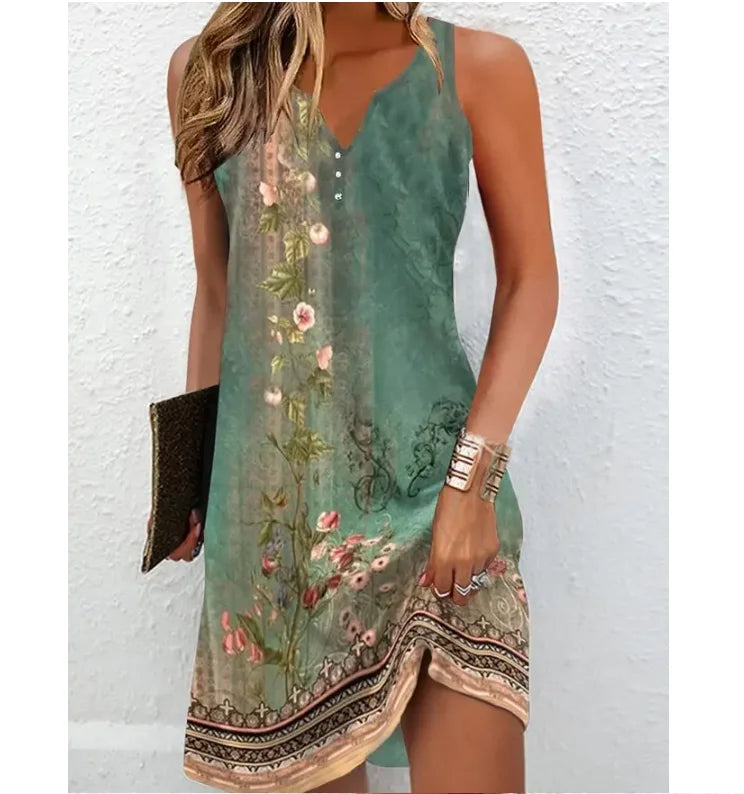 Bohemian V-Neck Summer Dress - Sleeveless A-Line Vacation Essential