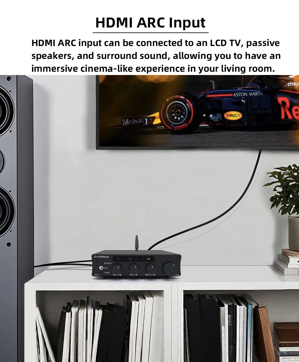 O-NOORUS D4 2.1 Channel Amplifier with HDMI ARC, Bluetooth 5.3 and Multi-Input Support