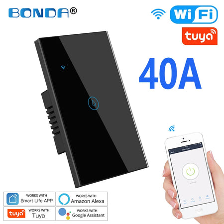 Smart Water Heater Switch with Voice Control and Touch Panel 703US-BLACK-40A