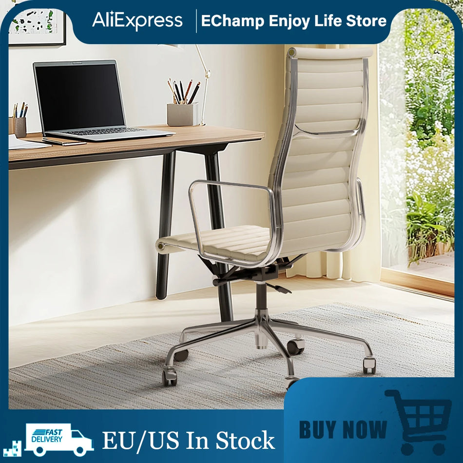 Бял истински кожен ергономичен въртящ се стол с средна облегалка