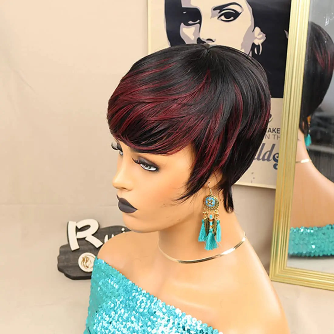 Glueless Short Pixie Cut Wig with Bangs - Black with Brown Layers