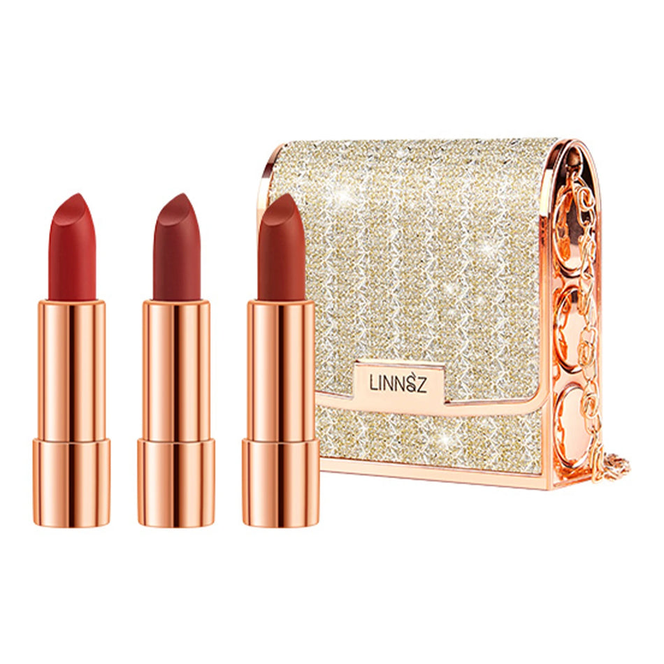 LINNSZ Matte Lipstick Set with Silver Chain Bag - 3 Long-Lasting Waterproof Colours