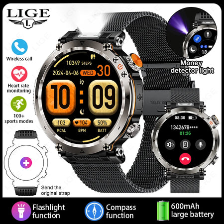 Outdoor Smart Watch Men LED Flashlight &ndash; Long Battery Life mesh belt black