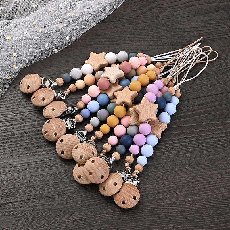 Wooden Pentagram Teether Pacifier Chain with Silicone Beads