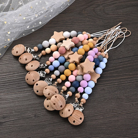 Wooden Pentagram Teether Pacifier Chain with Silicone Beads