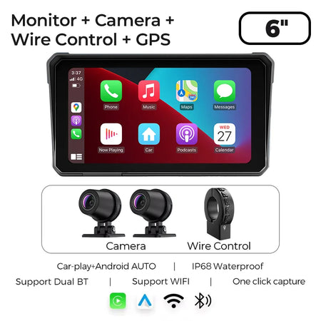 GreenYi 6 Inch Wireless Apple Carplay Motorcycle DVR &ndash; 2K HD GPS Navigation Waterproof Camera With Cam-GPS Cable / None