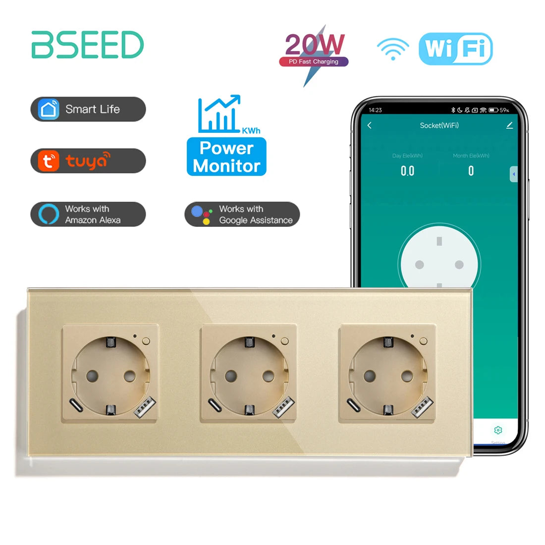 BSEED Smart Wifi Wall Socket 228mm Gold / EU