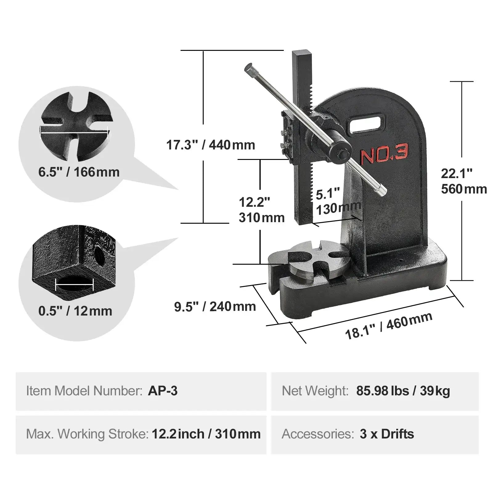 Arbor Press 0.5/1/3Ton &ndash; Heavy-Duty Cast Iron 3 T / United States