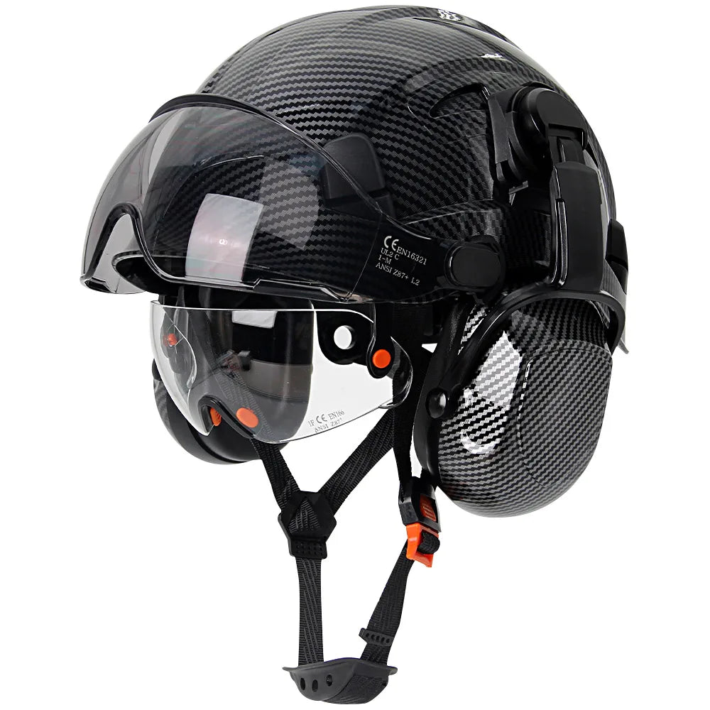 CE ABS Safety Helmet With Earmuffs Goggles &ndash; Secure Fit Bright Black B