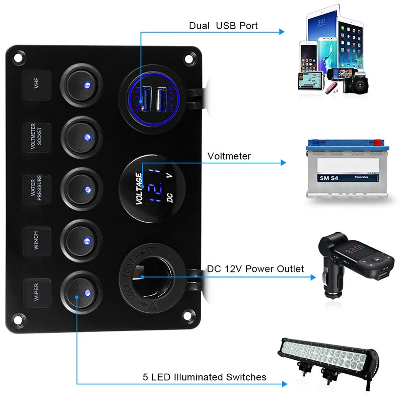 5 Gang Marine Boat Switch Panel &ndash; LED Waterproof Voltmeter