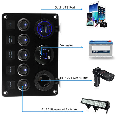 5 Gang Marine Boat Switch Panel &ndash; LED Waterproof Voltmeter