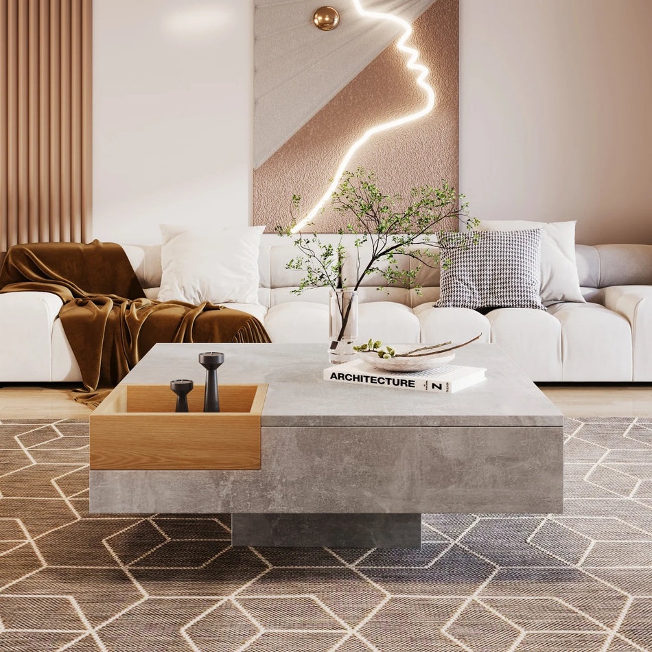 Бетонна дървена кафе маса с подвижна кутия за съхранение 72