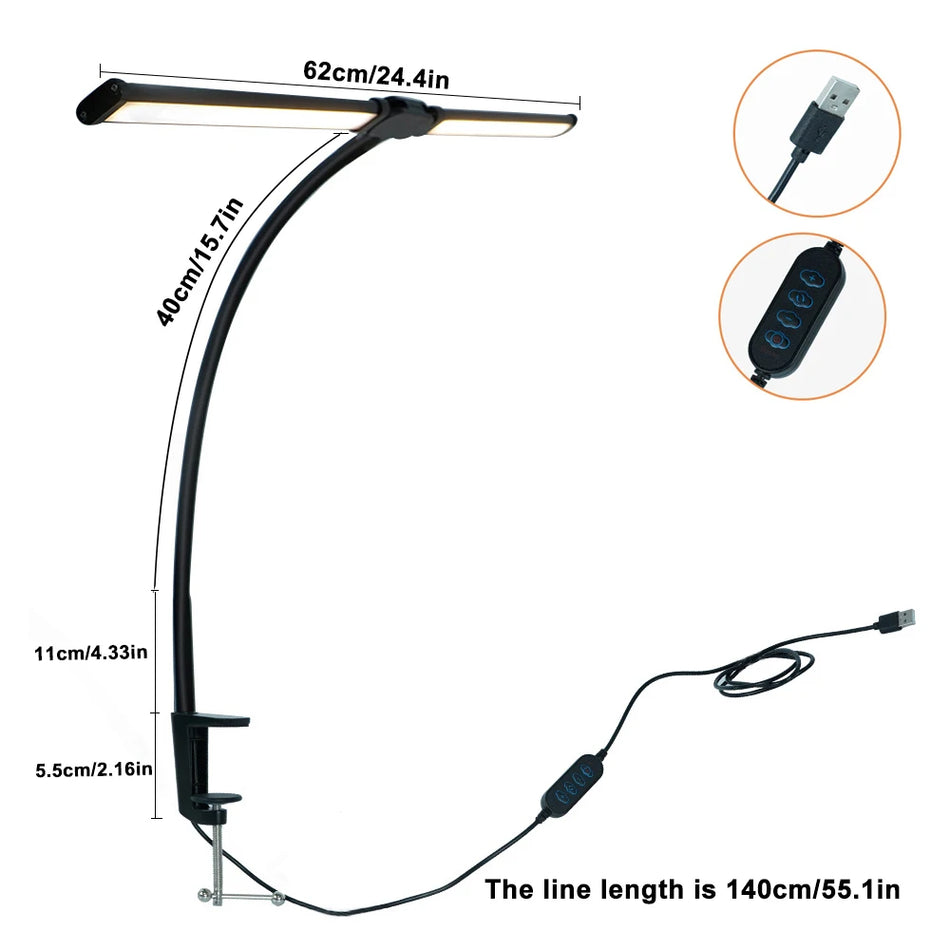 Lampe de bureau LED à 2 têtes avec pince, éclairage USB à 3 couleurs