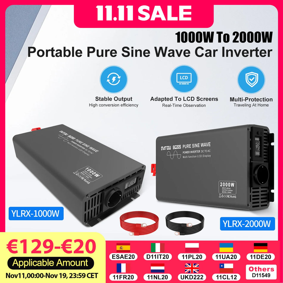 DATOUBOSS 2000W Pure Sine Wave Inverter, 12-72V DC to 220-240V AC for Car RV