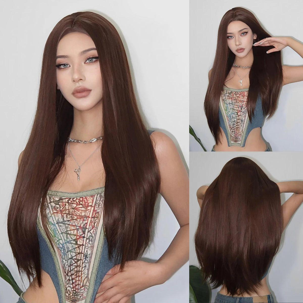 LOUIS FERRE Long Straight Red Brown Copper Synthetic Wig for Daily Use