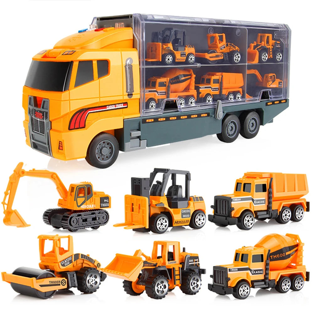 Alloy Car Model Transporter Set &ndash; Includes 6 Mini Engineering Vehicles Yellow