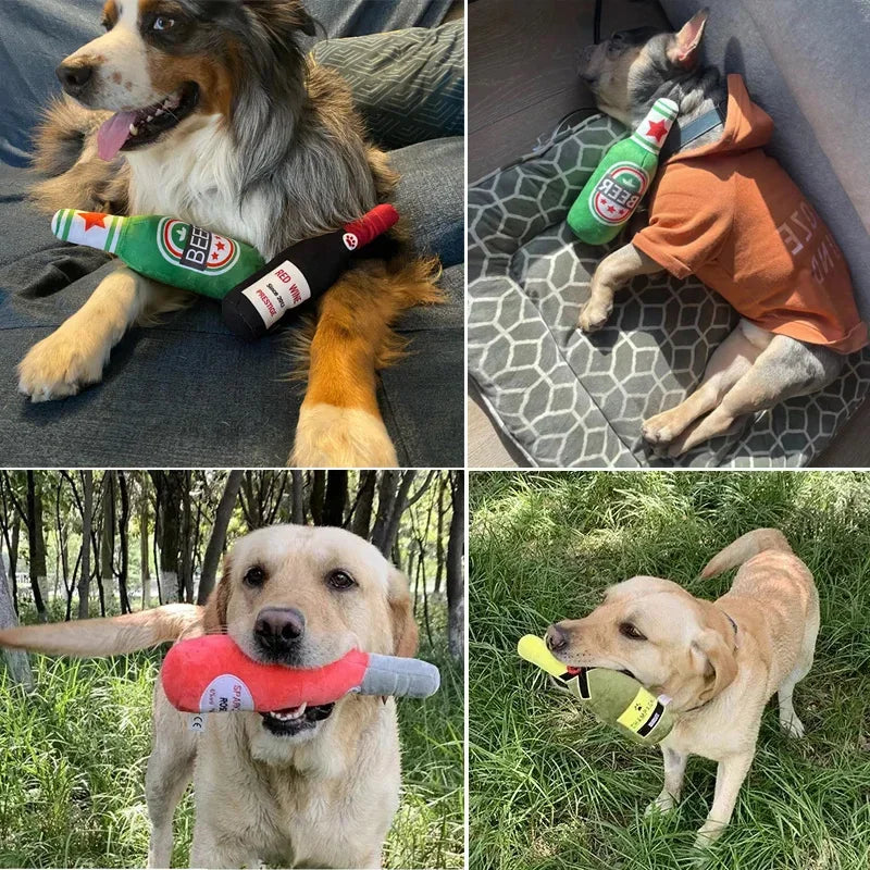 Plush Dog Toys with Squeakers - Beer &amp; Perfume Bottle Shapes, Chew Toys for Small to Large Dogs, Interactive Squeaky Pet Supplies