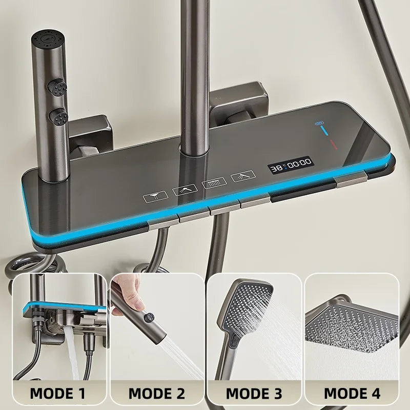 Duschset för badrum med digital display, duschsystem, pianoknapp med atmosfärsbelysning, kran, badkar, blandare, duschhuvud