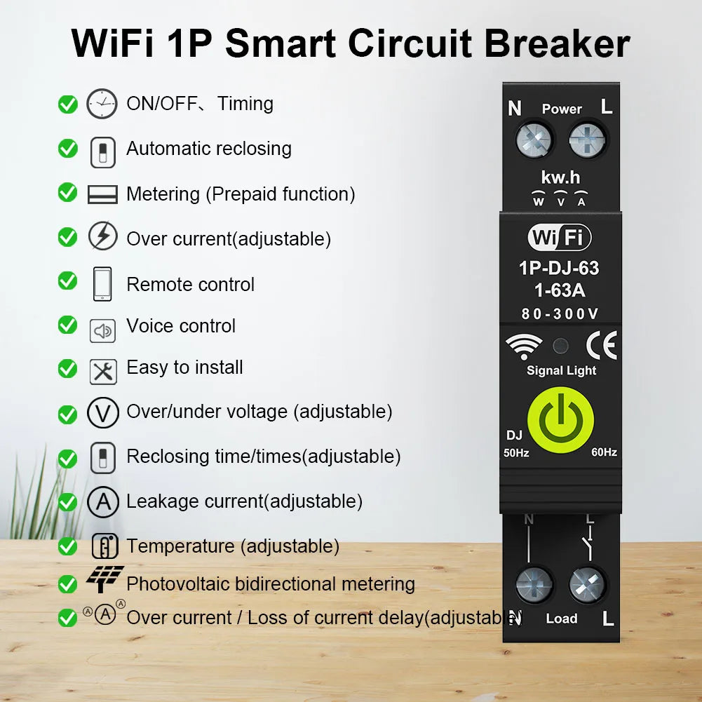 RMshebei Smart Circuit Breaker with Leakage Protection, 1-63A, WiFi Enabled 63A / 1