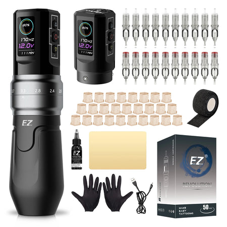 EZ P3 Pro Wireless Tattoo Machine Kit - Adjustable Stroke Matte GrayX2Power