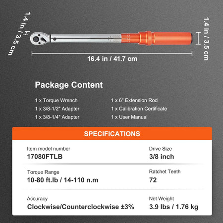 Torque Wrench Set &ndash; Dual Direction Adjustable 10-80 ft-lb / france
