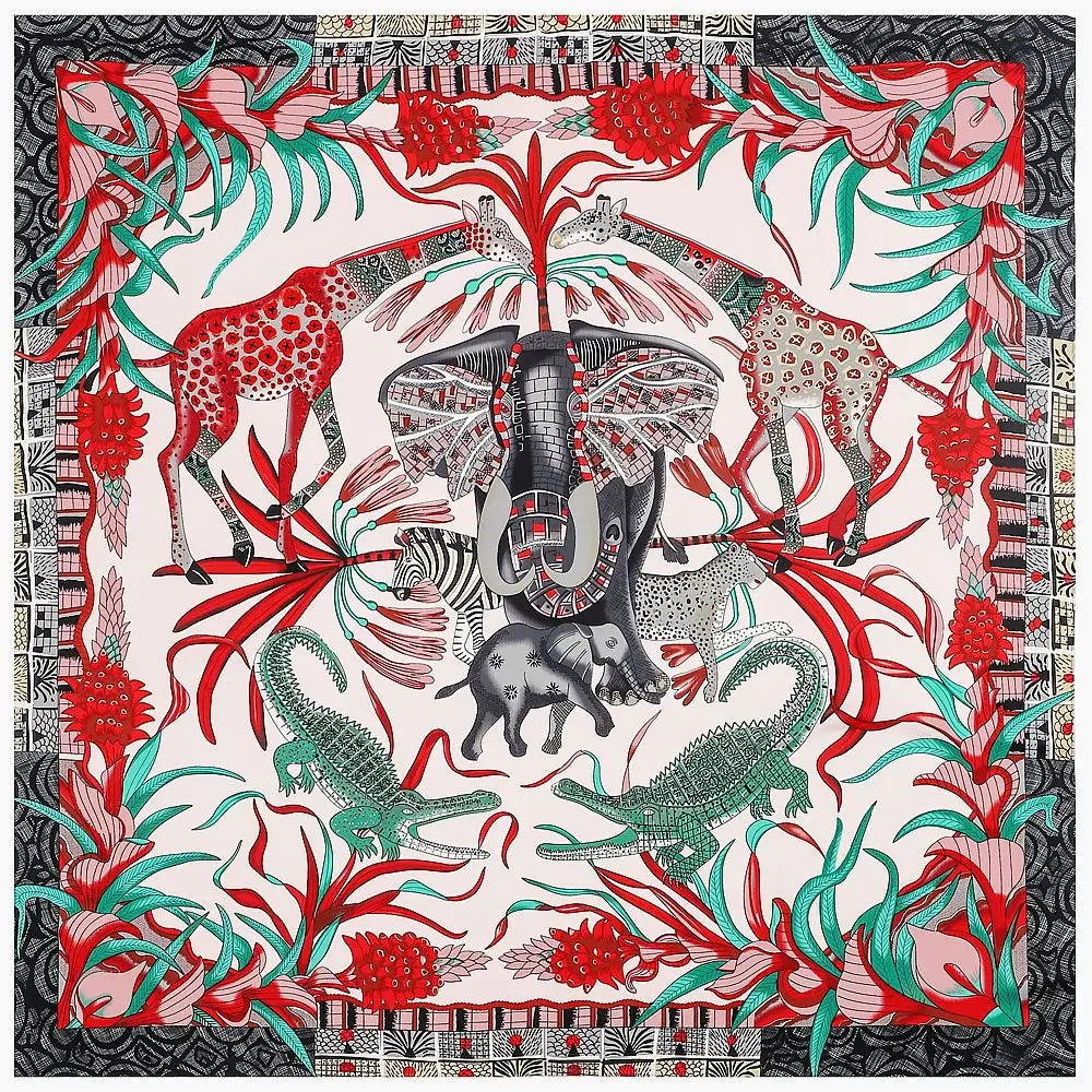InterCyprus Twill Silk Scarf &ndash; Captivating Giraffe Print Design F / 130X130CM