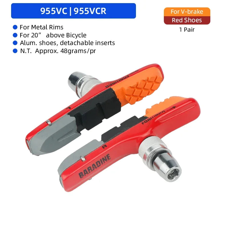 Baradine MTB Bicycle V-Brake Pads &ndash; Detachable Inserts With Three Color Modules 955VC-2 Red / CHINA