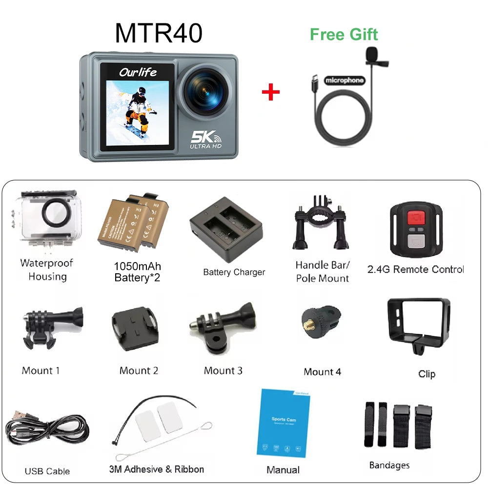 Ourlife MTR40 5K Action Camera &ndash; 170 Degree Waterproof with 5X Zoom MTR40 With MIC / With 64GB Card