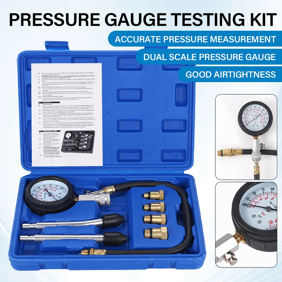 Súprava na testovanie automobilových valcov s adaptérmi M10, M12, M14, M18, dvojškálový manometer