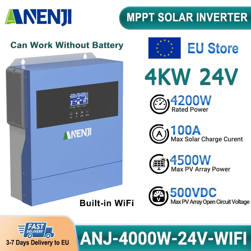 ANENJI 4KW 24V Hybrid Solar Inverter, jossa on sisäänrakennettu WiFi, MPPT 100A 500VDC PV-tulo, puhdas sinimuotoinen off-grid 220V