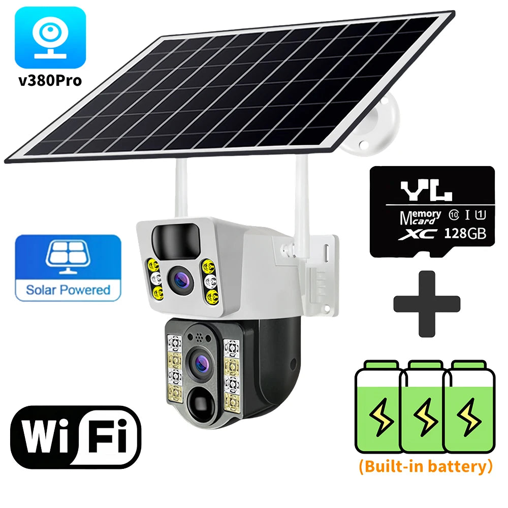 8MP HD Solar Camera WIFI Smart Home Security Protection Home 360 Monitor 4K 4G SIM Card Outdoor with Battery V380 Pro 4G Network WIFI Cam 128G Card