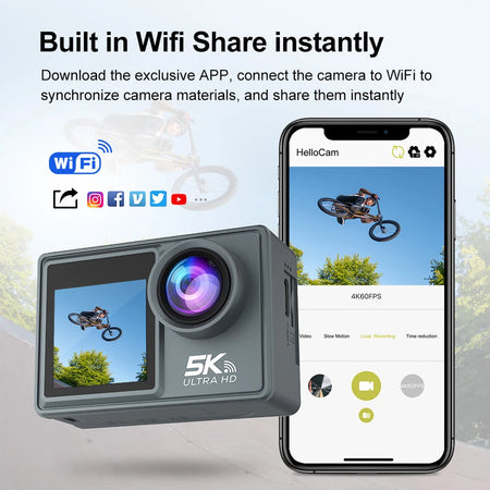 CERASTES 5K WiFi Action Camera &ndash; Dual Screen 170 Degree Wide Angle
