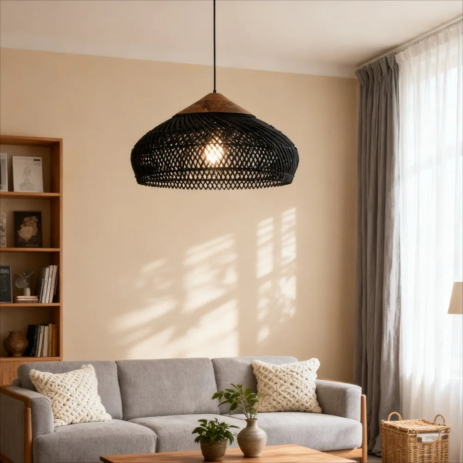 Vintage Rattan Pendant Light with Woven Black Lampshade, Handmade, E27 LED, 40 to 60 cm Dia for Dining Room