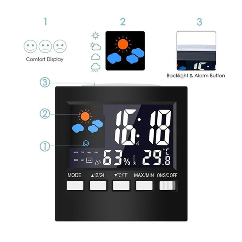 Temperature Humidity Alarm Clock &ndash; Colorful LCD Backlight