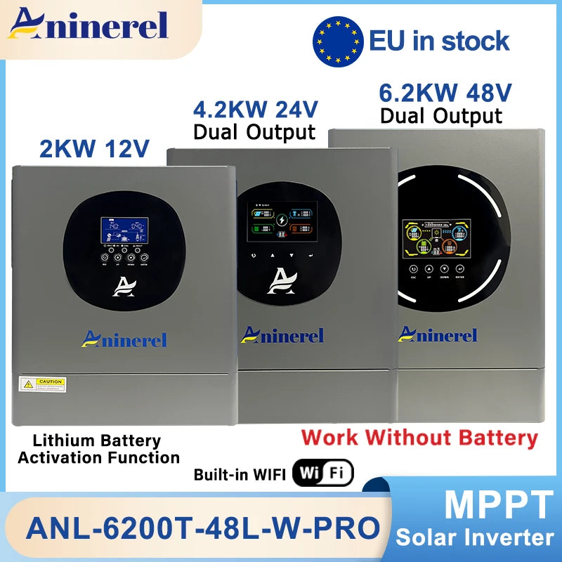 Aninerel Hybrid Solar Inverter MPPT, 2kW to 6.2kW Dual Output, LCD Display, 12V/24V/48V