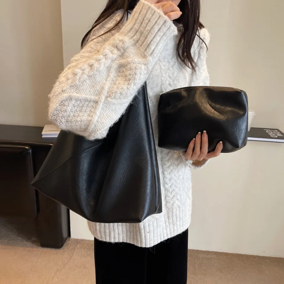 2 in 1 Winter Style Shoulder Bag for Women, Soft PU Leather, Large Capacity Hobo Tote