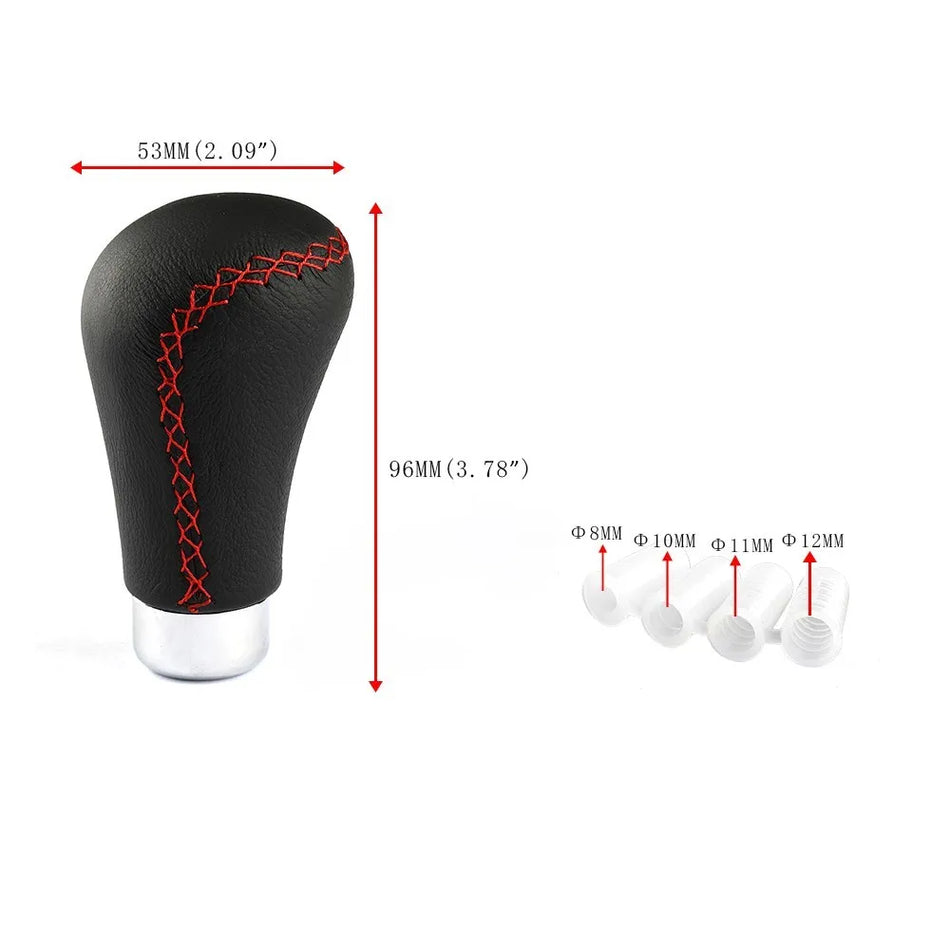 Universalus rankinis odinis pavarų perjungimo svirties mygtukas su raudonai juodais siūlais, PU oda