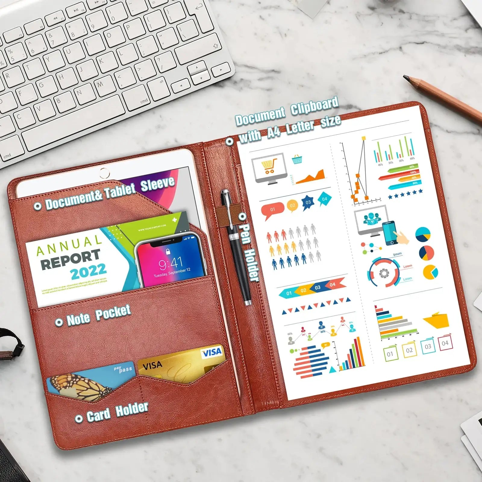 PU Leather A4 Multifunctional Conference Folder Pockets