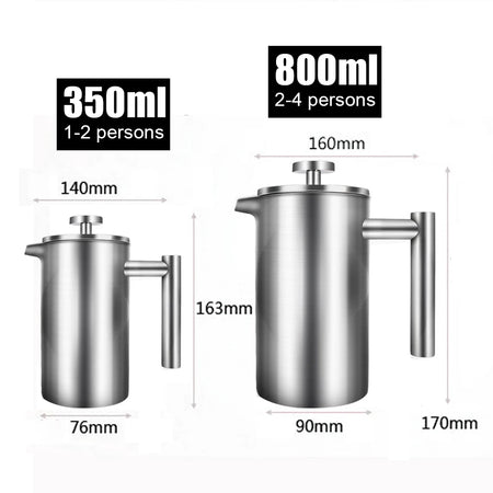 HILIFE Double Wall Stainless Steel French Press Coffee Maker - 350ml &amp; 800ml