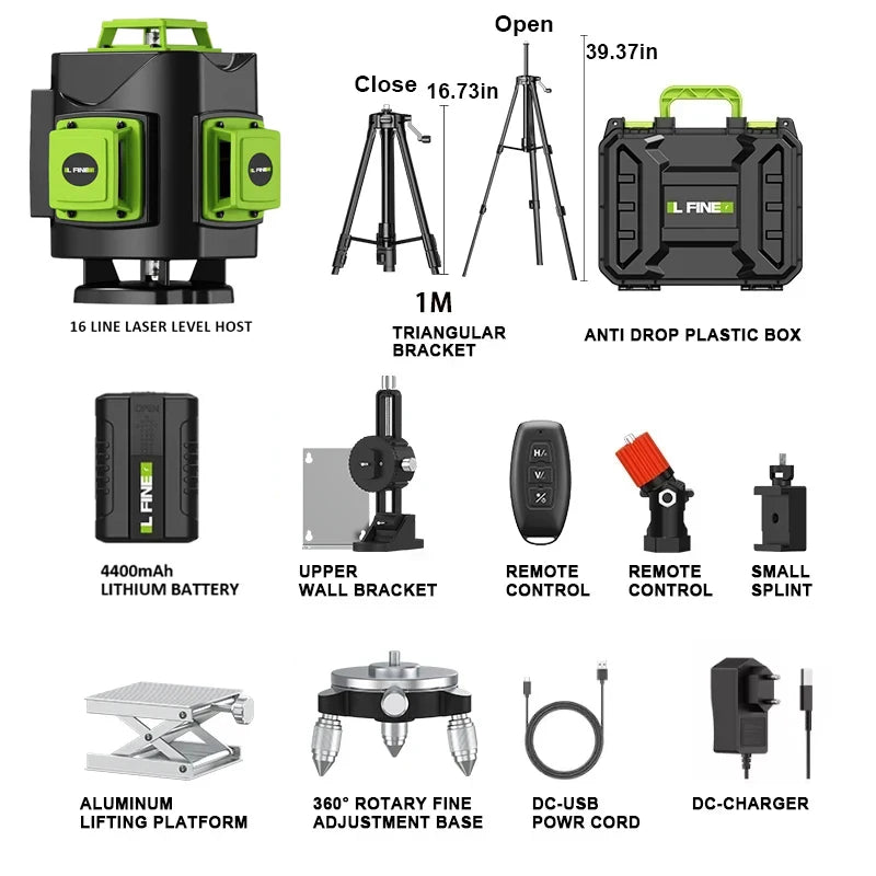 LFINE 4D 16-Line 360&deg; Self-Leveling Laser Level with Tripod 1M Tripod suitcase