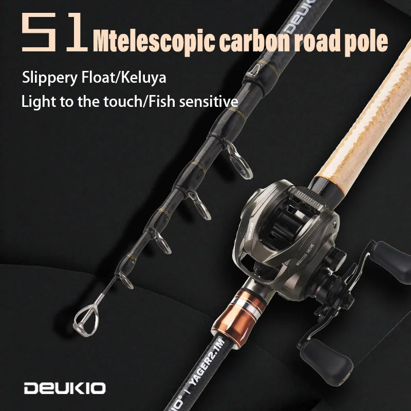 DEUKIO Carbon Telescopic Lure Rod 1.8M 2.1M - Baitcasting Fishing Pole with Wooden Handle