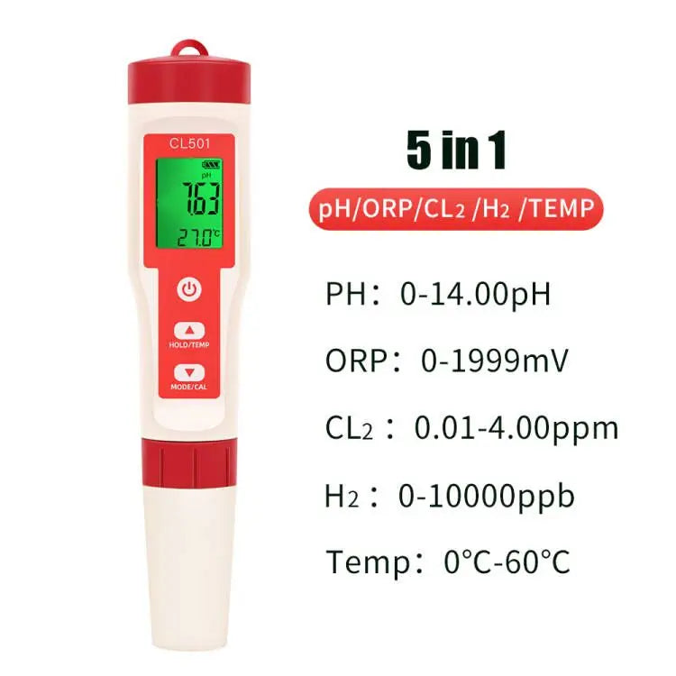 PH/CL2/H2/ORP/Temperature Meter Chlorine Detector &ndash; Backlit 5 in 1