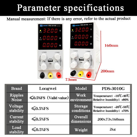 Longwei PDS-3010G - Adjustable 0-30V 10A Lab Bench Power
